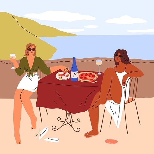 Women relaxing, eating pizza food at beach cafe terrace at sea resort. Girls friends drinking wine at table outdoor at seaside waterfront on summer holiday relaxation. Flat vector illustration.