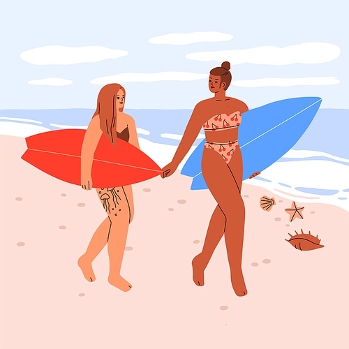Women surfers walking along beach with surfboards. Girls in bikini going to surfing on summer holiday. Active female friends at sea resort on seaside sport vacation. Flat vector illustration.