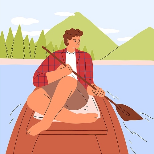 Man sailing on wood boat with paddle. Calm person relaxing, rowing along lake, river in nature on summer vacation. Happy character during summertime outdoor relaxation. Flat vector illustration.