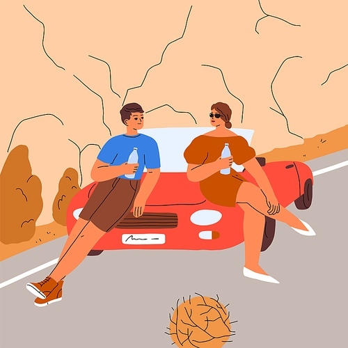 Couple during car travel on summer holiday. Stopover after road trip. Man and woman tourists stop to drink water, relax on auto hood, outside of convertible on vacation ride. Flat vector illustration.