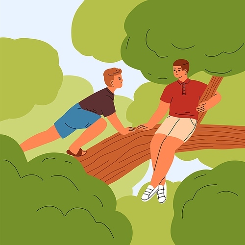 Boys kids climbing tree, sitting on branch. Teenagers friends having fun outdoors on summer holiday. Happy teen children brothers playing in nature on summertime vacation. Flat vector illustration.