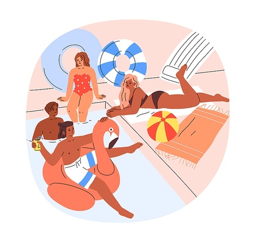 Happy people sunbathing and swimming on summer holiday. Men, women relaxing at water pool on vacation. Friends tourists chilling together. Flat vector illustration isolated on white background.