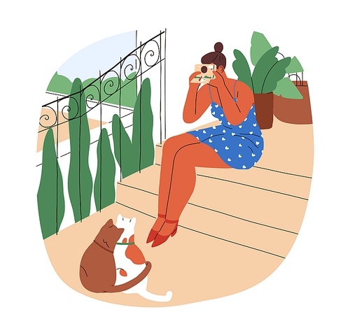 Woman taking photo of cute cats outdoors on summer holiday. Young girl shooting, making picture of kitties. Pet owner photographing with camera. Flat vector illustration isolated on white background.