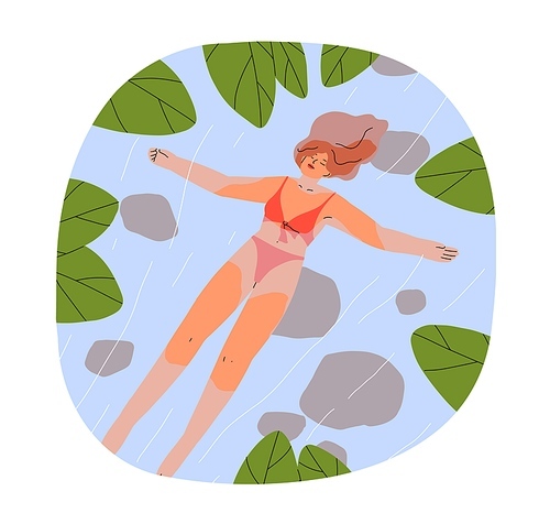 Calm woman floating on water surface, relaxing in nature. Summer holiday relaxation, restoration. Happy girl swimming in harmony, serenity. Flat vector illustration isolated on white background.