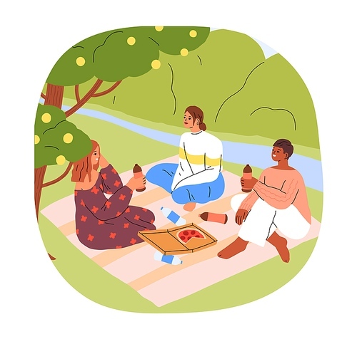 Girls relaxing on picnic blanket on summer holiday. Young happy women friends drinking, eating, talking together in nature on summertime vacation. Flat vector illustration isolated on white background.