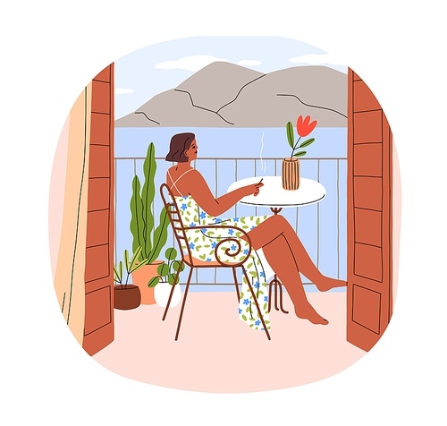 Girl relaxing on seaside balcony with nature, mountain and sea view. Young woman sitting at table, smoking cigarette on summer holiday, weekend. Flat vector illustration isolated on white background.