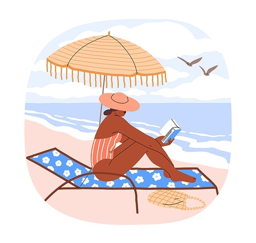 Black woman reading book on chaise longue on summer beach, seacoast. Girl sunbathing, relaxing under umbrella on seaside holiday, vacation. Flat vector illustration isolated on white background.