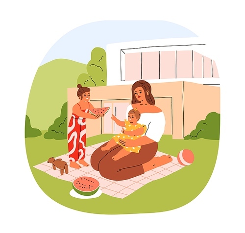 Mother, children relax on backyard lawn, outside of house. Mom and kids together on grass blanket on summer holiday. Summertime weekend outdoors. Flat vector illustration isolated on white background.