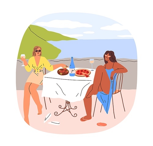 Girls couple at table of seaside beach cafe on vacation. Women eating pizza, drinking, relaxing on sea coast, summer holiday resort. Flat graphic vector illustration isolated on white background.