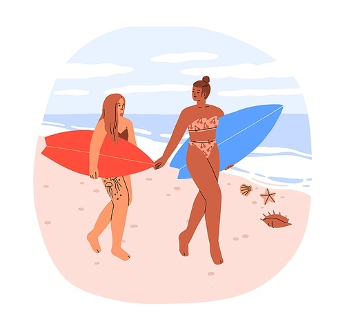 Girls surfers go for sea surfing. Women in bikini walking with surfboards along beach. Female friends with boards on seacoast on summer vacation. Flat vector illustration isolated on white background.