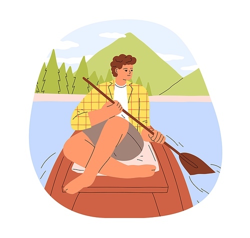 Man rowing with paddle, relaxing in wood boat in river. Relaxation on lake, in nature on summer vacation. Happy character sailing on holiday. Flat vector illustration isolated on white background.