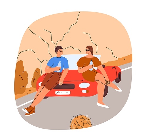 Stopover after car travel. Couple during summer holiday road trip. Man, woman tourists stop to drink water near convertible auto on vacation ride. Flat vector illustration isolated on white background.