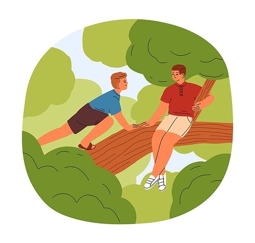 Boys friends climbing up tree. Children on branch among leaves on summer holiday. Teenagers outdoors on summertime vacation. Happy kids in nature. Flat vector illustration isolated on white background.