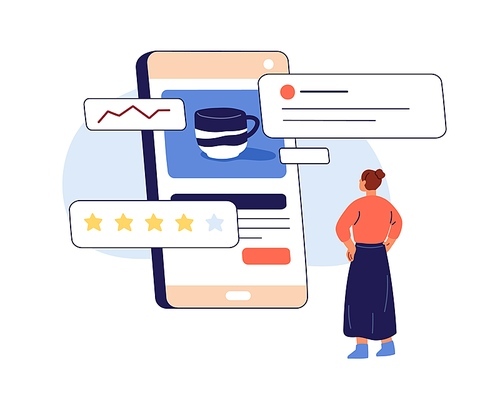 Online reviews and feedback concept. Client studying internet ratings, customer comments, recommendations, service quality ranking in phone app. Flat vector illustration isolated on white background.