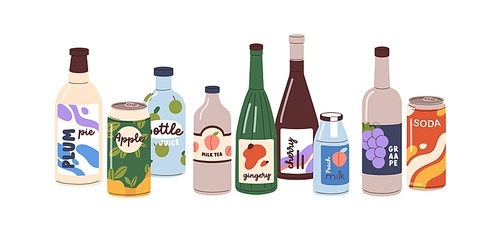 Drinks in glass bottles, aluminum cans. Soda, lemonades, fruit flavored beverages, carbonated sparkling water, cold summer refreshments. Flat vector illustration isolated on white background.