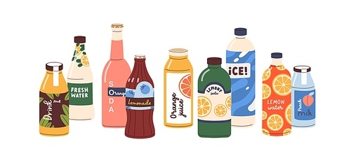 Cold drinks in bottles. Lemonades, sweet juices, summer refreshments, iced soda, fruit milk, flavoured fizzy beverages assortment, composition. Flat vector illustration isolated on white background.