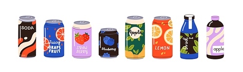 Cold drinks in cans, tins, bottles set. Soda, fruit lemonades, sweet fizzy beverages, fruity carbonated water, sugar juices, berry cocktails. Flat vector illustrations isolated on white background.