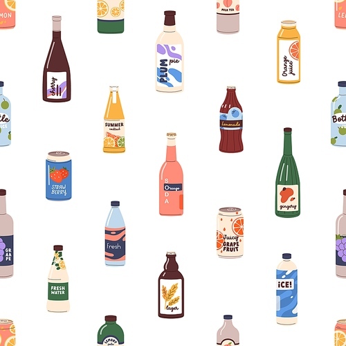 Drinks seamless pattern. Soda, juice in glass bottles, cans, endless background. Repeating print with cold summer beverages, lemonades. Colored flat vector illustration for fabric, wrapping, decor.