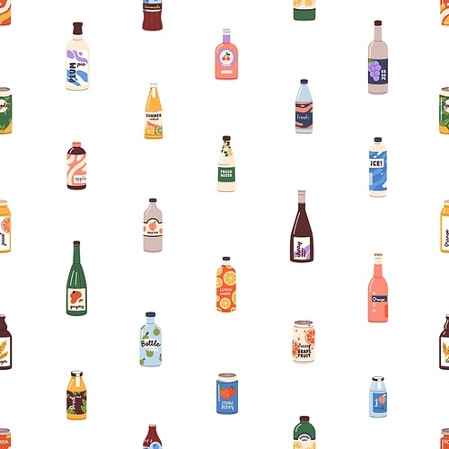 Seamless pattern with soda drinks, fruit lemonades. Endless background, repeating print, juice bottles, summer refreshments, sugar water in cans, cold beverages. Colored flat vector illustration.