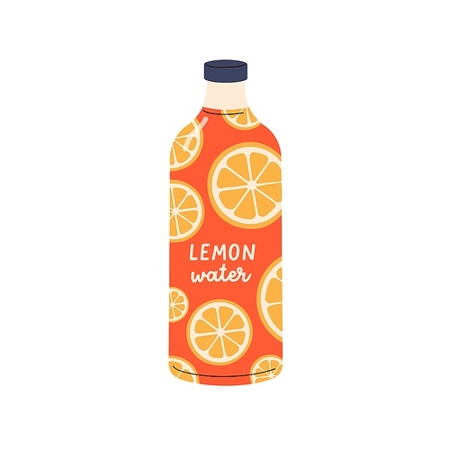 Lemon water, fresh cold drink in bottle. Cooling citrus fruit lemonade, organic healthy infused beverage. Summer fruity refreshment. Flat graphic vector illustration isolated on white background.