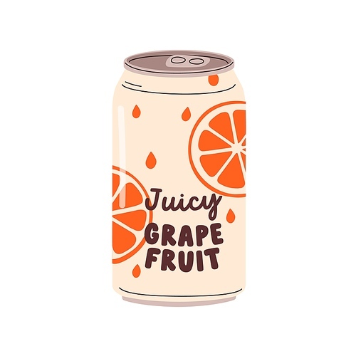 Soda drink in can. Fizzy carbonated fruit lemonade, cold summer juicy beverage in aluminum tin. Grapefruit sparkling refreshment in metal jar. Flat vector illustration isolated on white background.