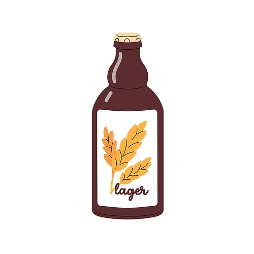 Lager, fresh craft beer in glass bottle. Refreshing low-alcohol cold cooling drink. Brown cereal alcoholic beverage. Flat vector illustration isolated on white background.