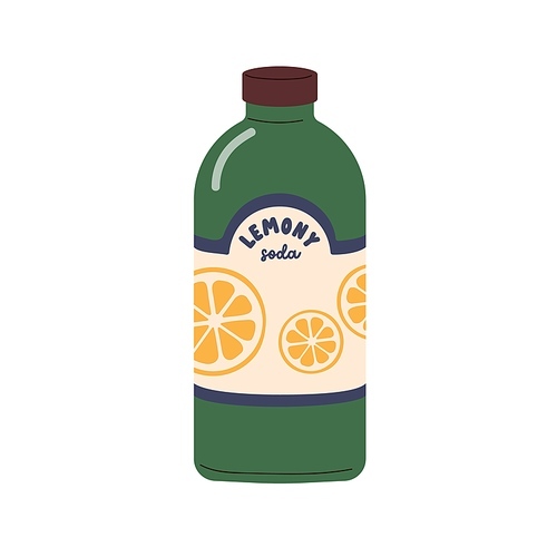 Lemony soda drink. Cold lemonade, organic summer refreshment with lemon flavor, taste. Glass bottle of fresh cooling carbonated fruit cocktail. Flat vector illustration isolated on white background.