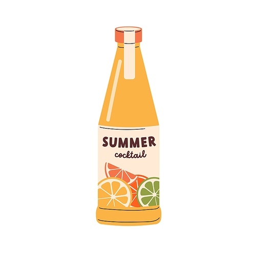 Cold summer cocktail in glass bottle. Fresh orange lemonade, citrus soda, juicy soft drink with citric flavor. Tasty fruit refreshment, juice. Flat vector illustration isolated on white background.