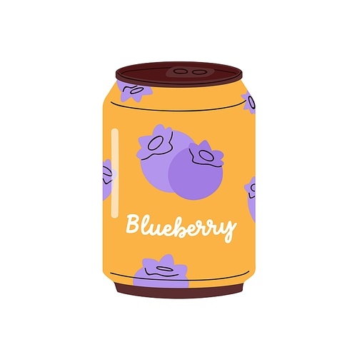 Berry drink, lemonade in tin. Blueberry flavored soda, juicy beverage packed in aluminum can. Cold cooling summer refreshment in metal jar. Flat vector illustration isolated on white background.