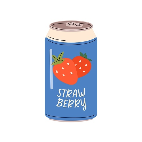 Soda drink, strawberry lemonade in tin. Fizzy carbonated berry flavored beverage, cold summer cocktail in aluminum can. Refreshment in metal jar. Flat vector illustration isolated on white background.