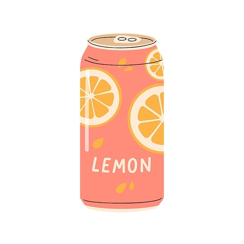 Lemon soda drink in aluminum can. Fresh fruit infused water, refreshing cold beverage, sweet juicy refreshment in metal steel tin. Flat graphic vector illustration isolated on white background.