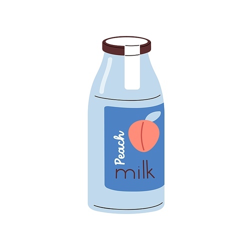 Peach milk, fresh infused drink in glass jar. Bottle of fruit flavored beverage, sweet healthy refreshment. Aromatic fruity cocktail, milkshake. Flat vector illustration isolated on white background.