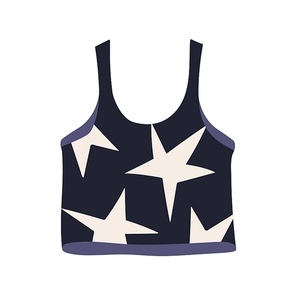 Crop tank top, strappy brami. Modern women garment, seamless camisol with straps. Casual female clothes with star print. Trendy summer apparel. Flat vector illustration isolated on white background.