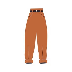 Female trousers with cuffs. Casual women pants with belt and folded bottom. Girls garment, fashion clothes in modern trendy style. Flat vector illustration isolated on white background.