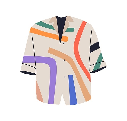 Casual summer shirt, garment. Modern blouse with abstract print, colorful pattern. Cotton clothes, unisex wearing, apparel for warm weather. Flat vector illustration isolated on white background.