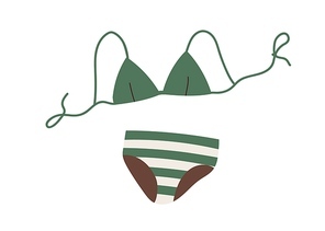 Summer bikini with string bra and panties. Women bathing suit with triangle cup top and bottom. Modern beach swim wear, female swimsuit. Flat vector illustration isolated on white background.