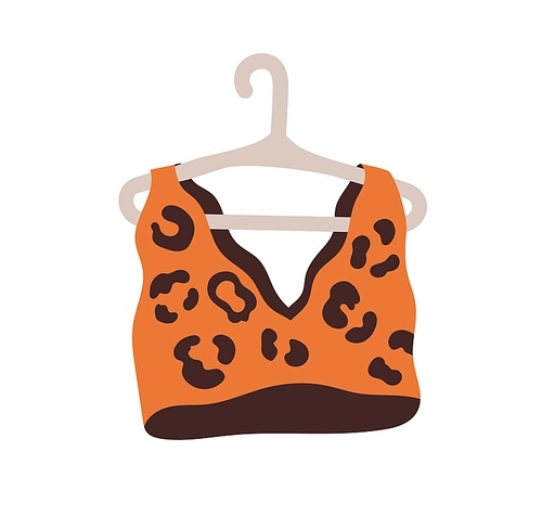 Fashion wireless bra. Girls brassiere with leopard print. Women sexy top. Seamless lingerie hanging on hanger. Modern underwear. Flat graphic vector illustration isolated on white background.