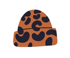 Fashion hat with leopard skin print, cheetah animal pattern. Modern trendy cuffed headwear. Animalistic leo funky headpiece. Flat graphic vector illustration isolated on white background.