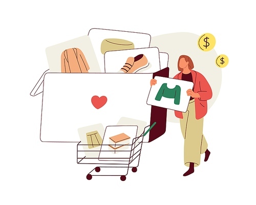 Shopping wish list concept. Customer adding favorite goods to online cart, trolley, making purchases buying during sale. Buyer and wishlist. Flat vector illustration isolated on white background.