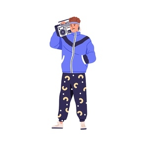 Man in 80s fashion clothes, holding retro boombox on shoulder. Happy person wearing 1980s apparel, listening to disco music of eighties 80's. Flat vector illustration isolated on white background.
