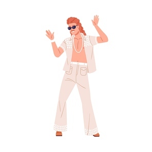 Man in sunglasses dancing in fashion 80s outfit to 1980s music at retro disco party. Person wearing apparel, clothes, hairstyle in eighties style. Flat vector illustration isolated on white background.