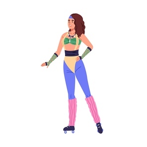 Girl in fashion 80s outfit. Young woman in chic apparel in retro 1980s style. Female of 1980, wearing vintage clothes, 80's leotard, leggings. Flat vector illustration isolated on white background.