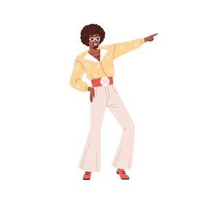 Fashion black man dancing at 80s retro discotheque. African dancer at 1980s disco party. Funky character in eighties style outfit, sunglasses. Flat vector illustration isolated on white background.