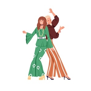 Fashion girls friends dancing at discotheque in 80s retro style. 1980s women dancers couple moving to music at eighties, 1980 disco party. Flat vector illustration isolated on white background.