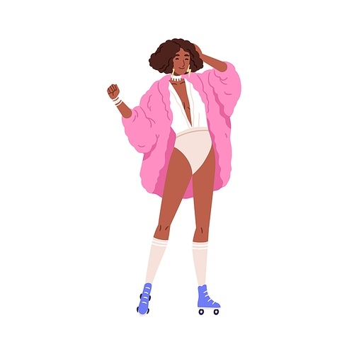 Retro fashion of 80s. Woman in funky outfit of 1980s. Young African girl in swimwear, fur coat, roller skates. Cool chic apparel of eighties. Flat vector illustration isolated on white background.
