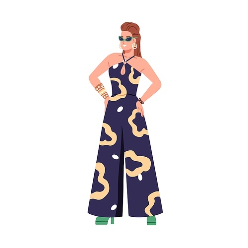 Woman in 80s clothes, fashion outfit. Girl of eighties, 1980s, wearing retro style apparel, heels, funky sunglasses. Female character of 1980. Flat vector illustration isolated on white background.