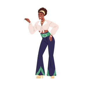 Fashion black girl in retro-styled clothes, 80s outfit. African-American woman wearing 1980s apparel, accessories for eighties disco party. Flat vector illustration isolated on white background.