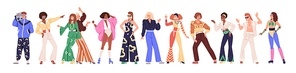 Set of people from 80s. Man and woman dance disco in retro-styled fashion outfits of 1980s. Stylish characters in party clothes of eighties. Flat vector illustration isolated on white background.