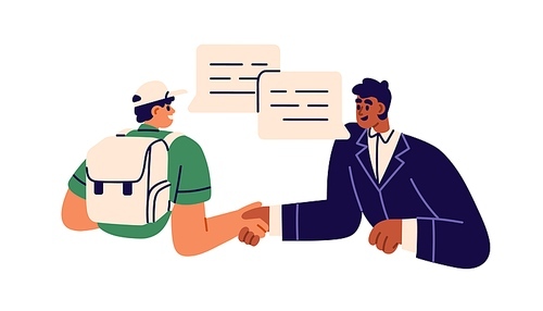 Businessman and courier handshake, agreement. Man and worker from outsourcing delivery service agreeing on business cooperation, shaking hands. Flat vector illustration isolated on white background.
