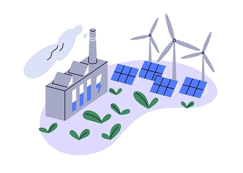 Eco green energy, sustainable electric power sources concept. Alternative renewable electricity from wind, sun. Windmills, turbines, solar panels. Flat vector illustration isolated on white background.
